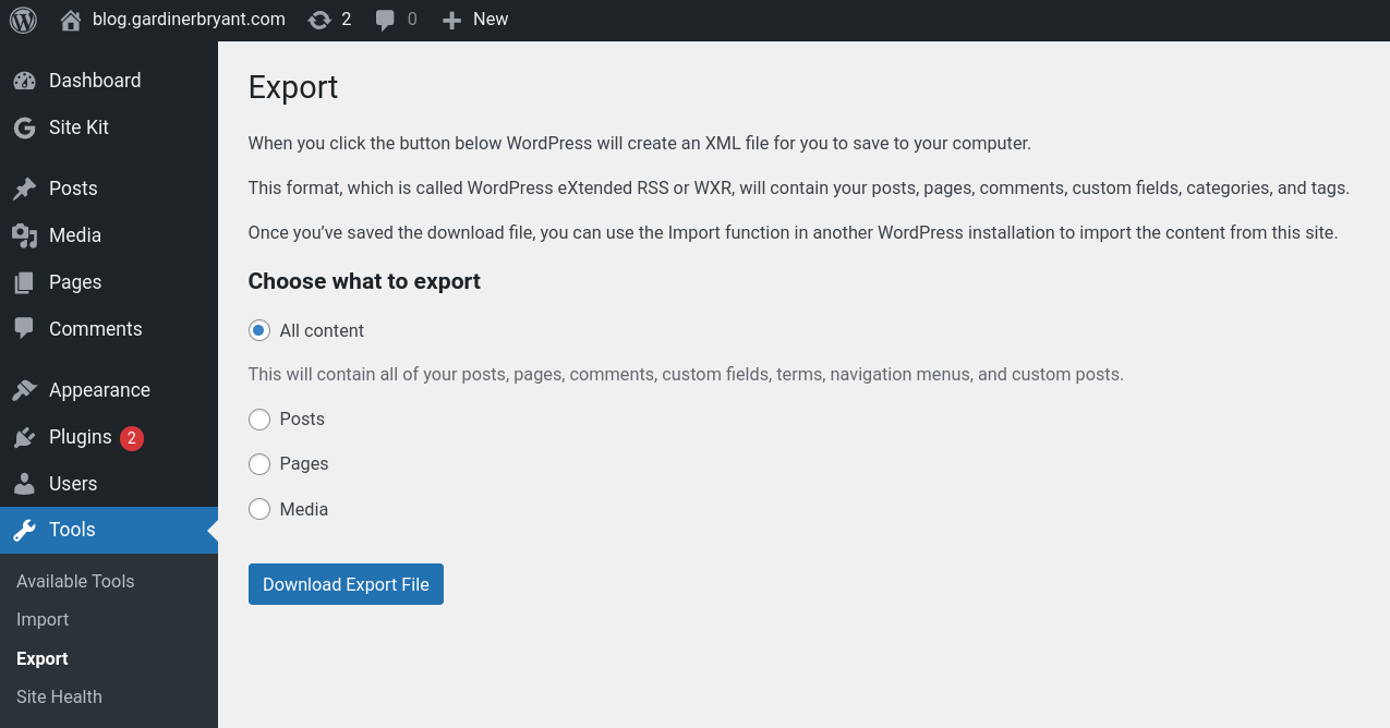 Wordpress export screen