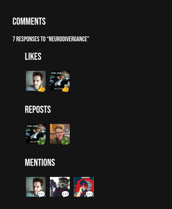A screenshot of the IndieWeb Wordpress plugin as it displays likes, reposts, and mentions.