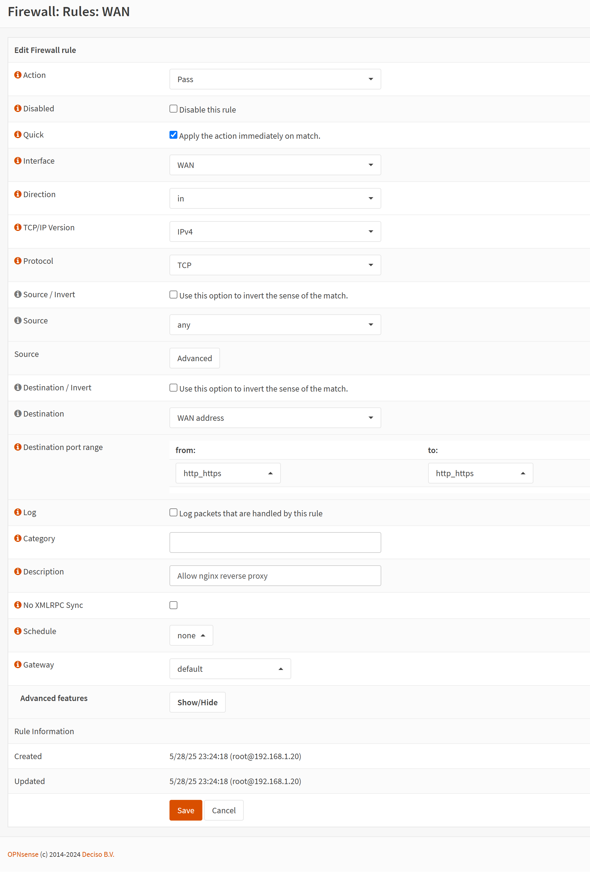 A screenshot of OPNSense firewall WAN rules