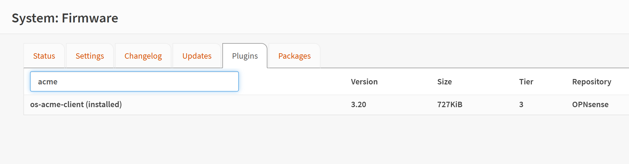 A screenshot of OPNSense firmware plugin menu