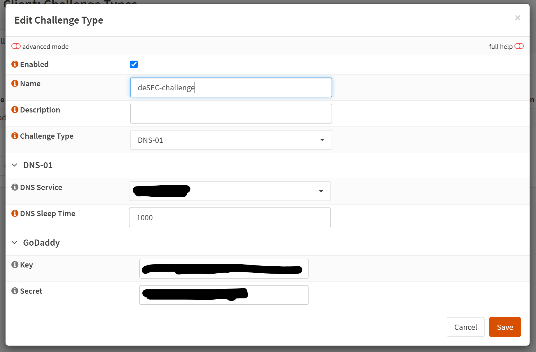 A screenshot of OPNSense ACME Client Challenge Type modal