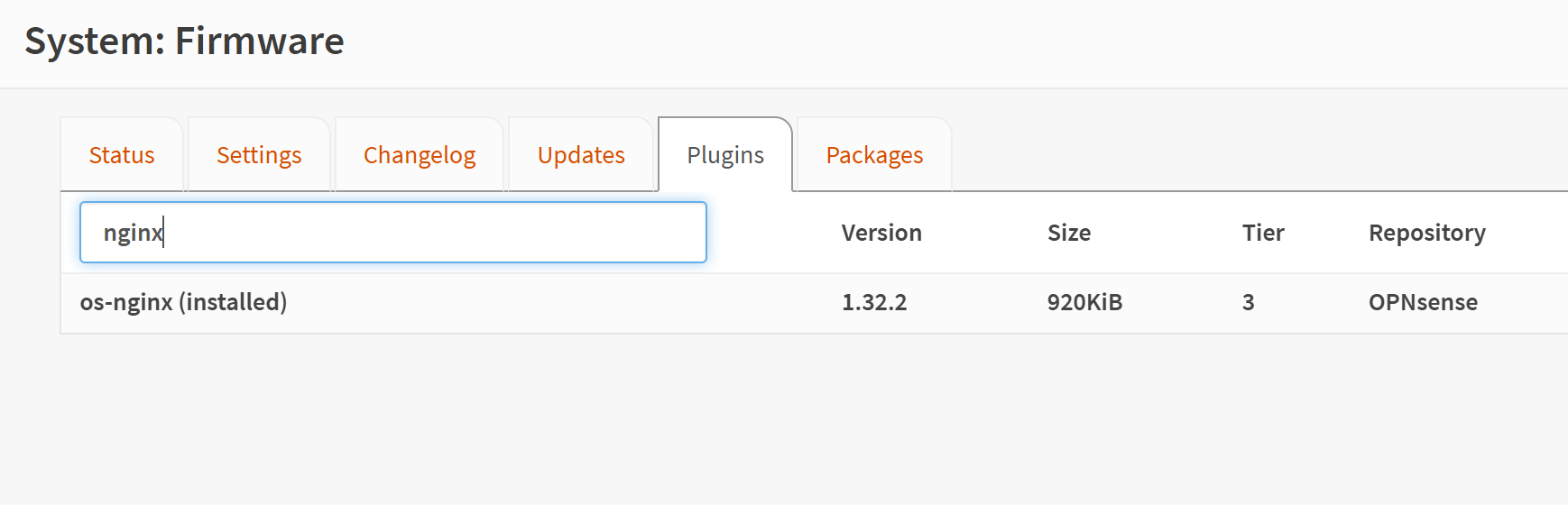 A screenshot of OPNSense plugins menu