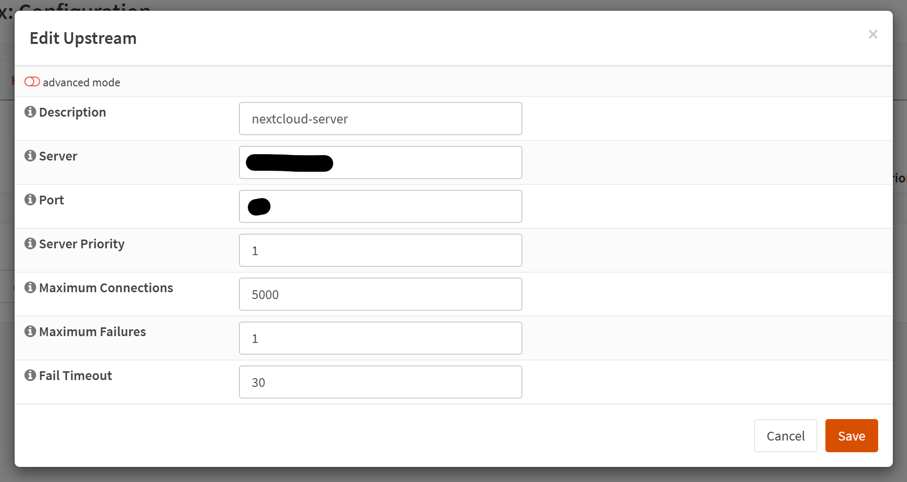 A screenshot of OPNSense NGINX Upstream Server modal