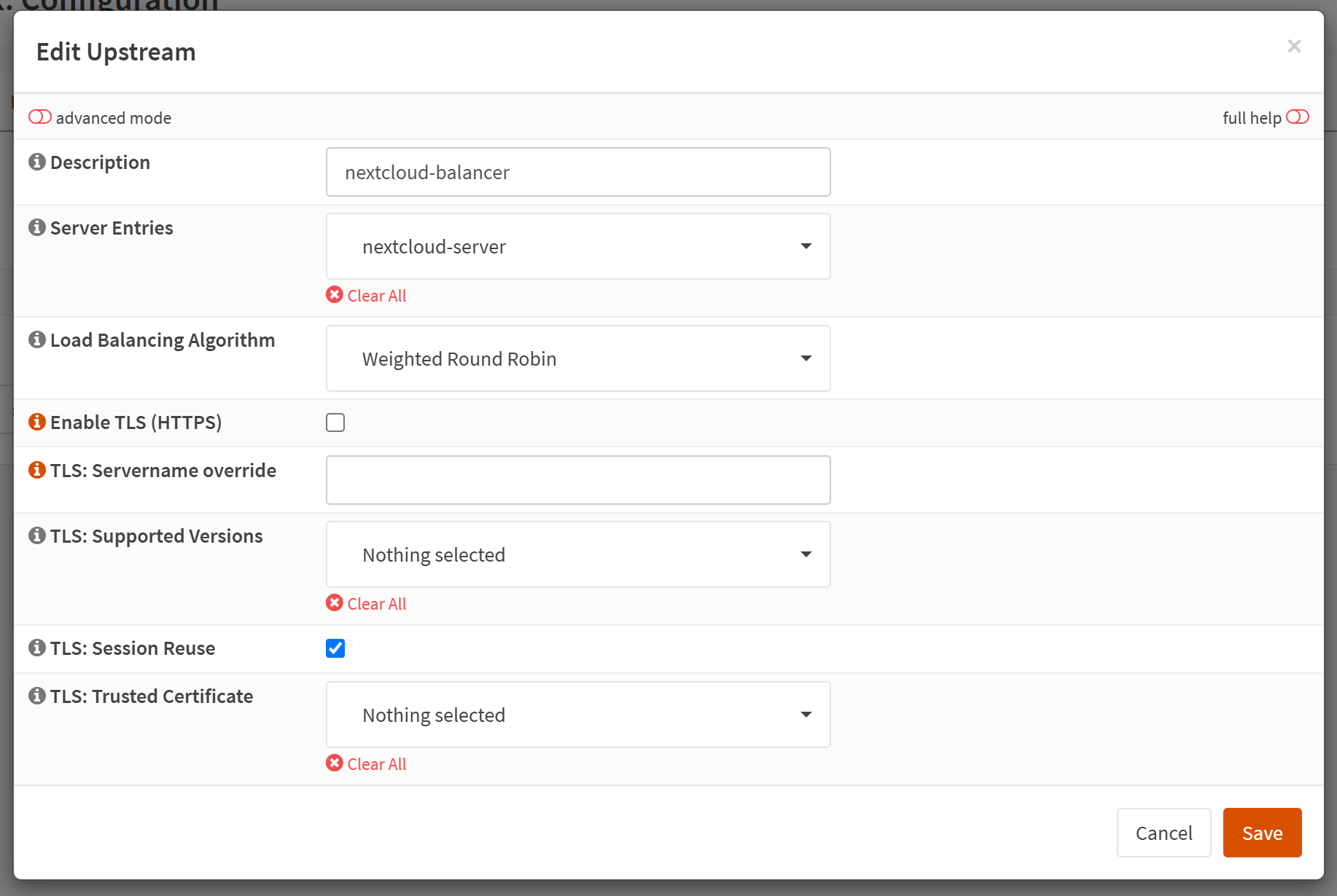 A screenshot of OPNSense NGINX Upstream modal