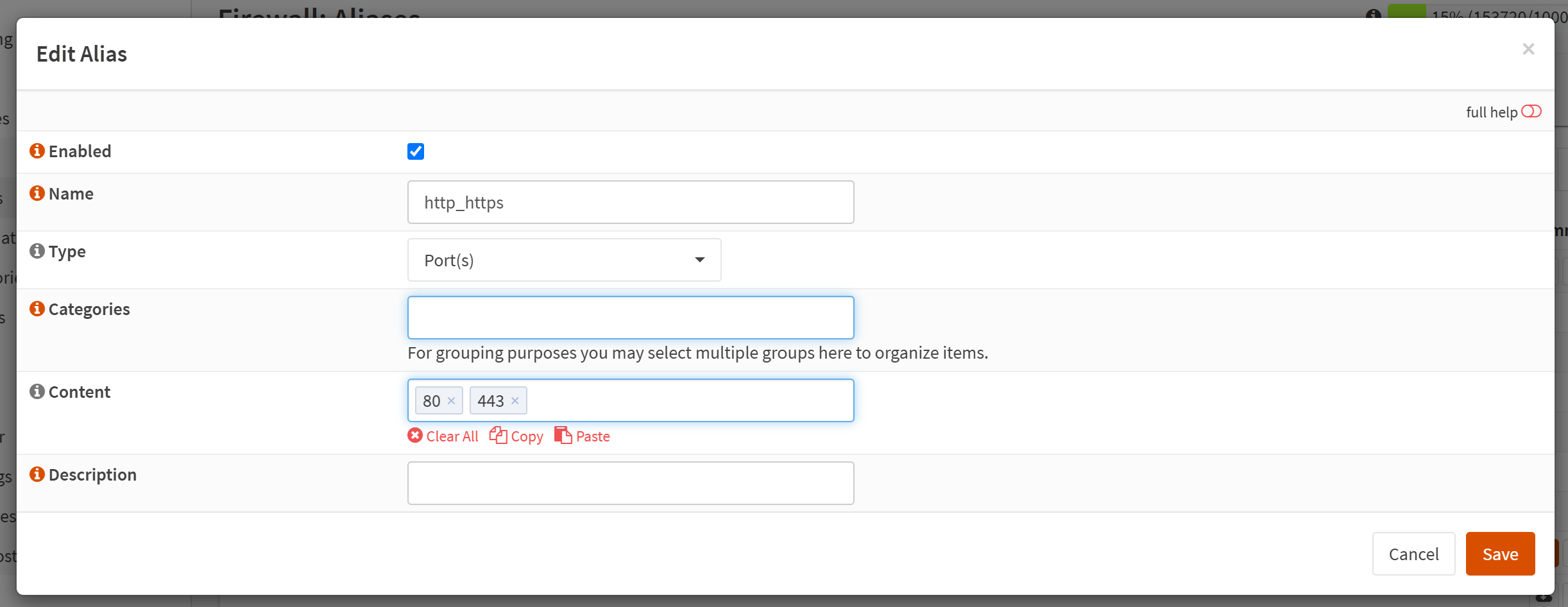 A screenshot of OPNSense firewall alias rules