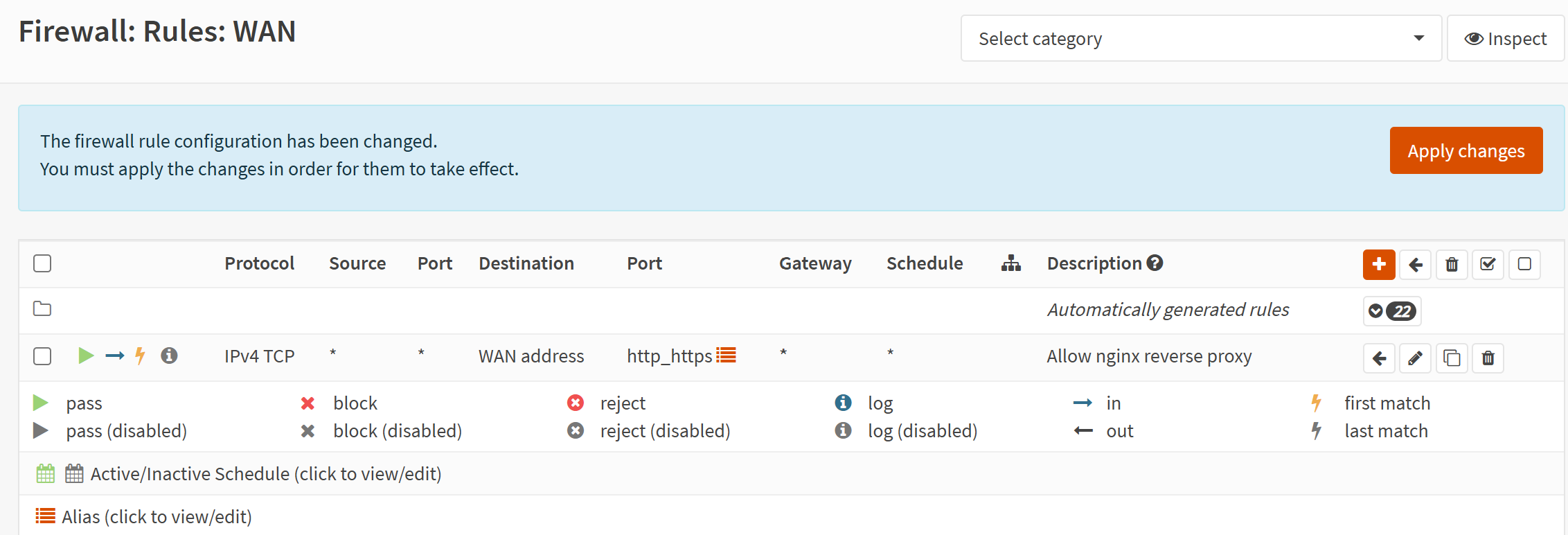 A screenshot of OPNSense firewall WAN rules index