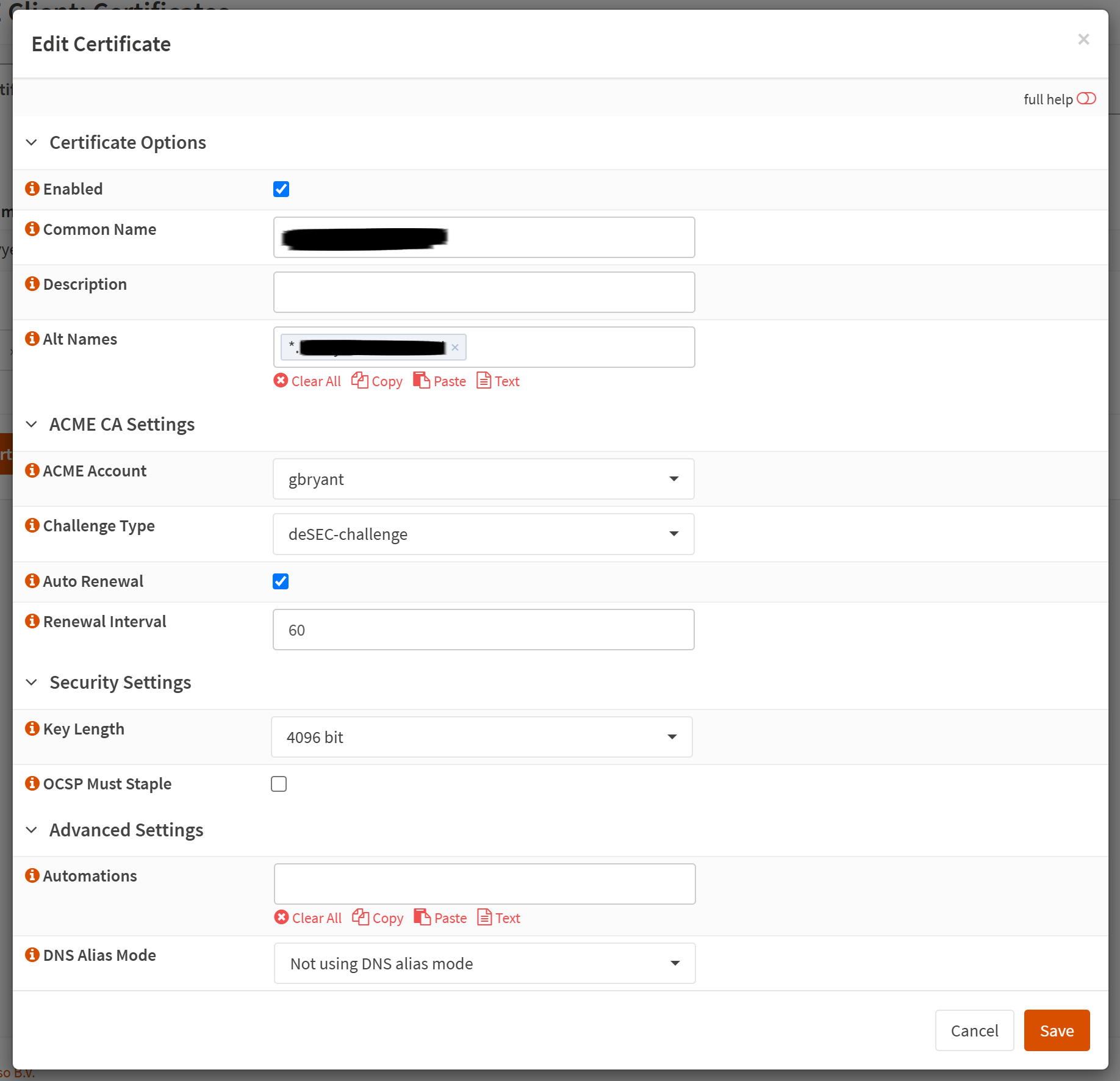 A screenshot of OPNSense ACME Client Certificate modal
