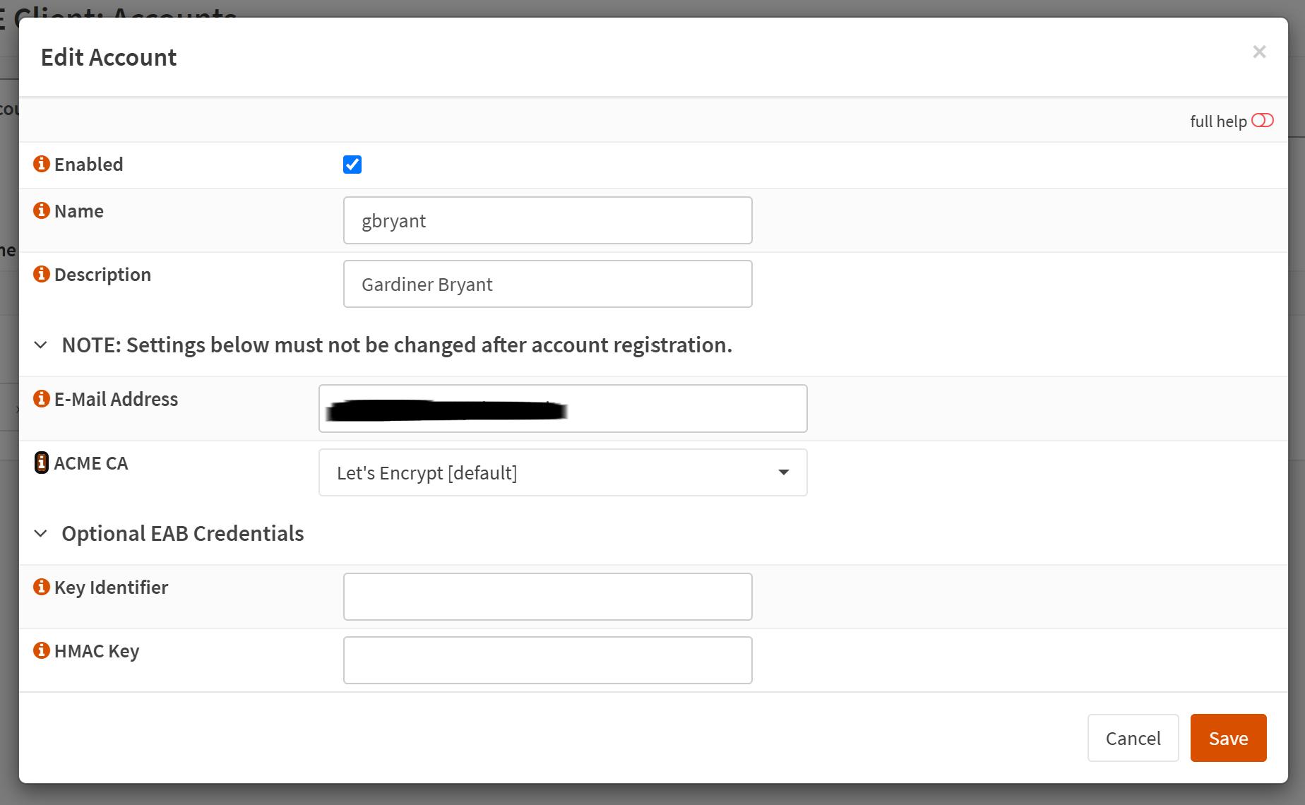 A screenshot of OPNSense ACME Client Account modal