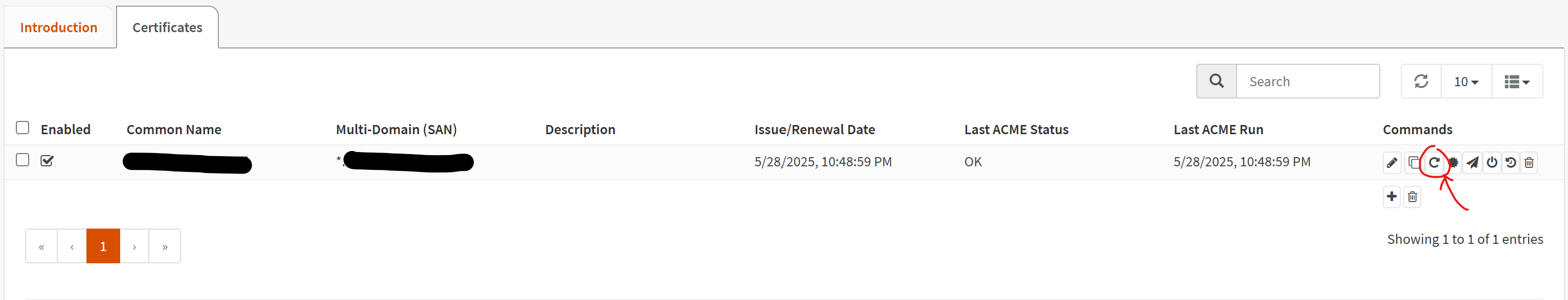 A screenshot of OPNSense ACME Client Certificate index