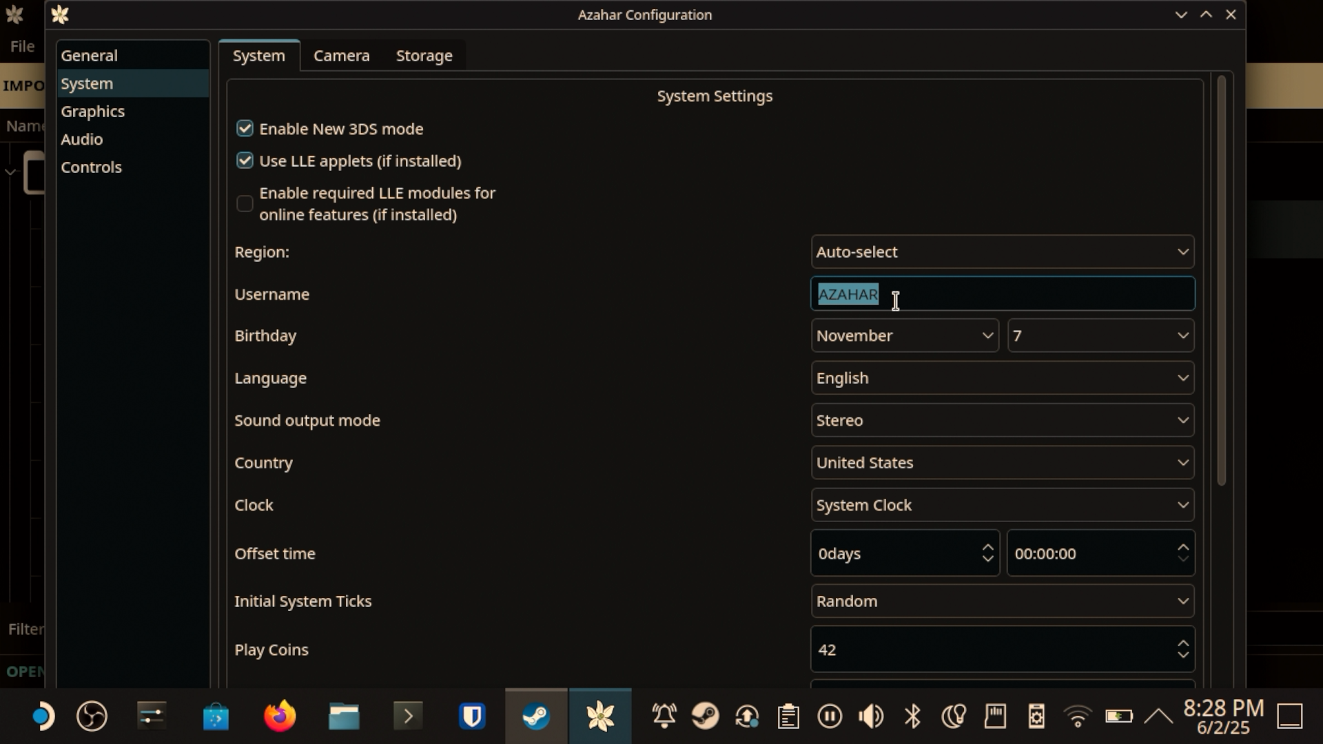 Azahar configuration System tab