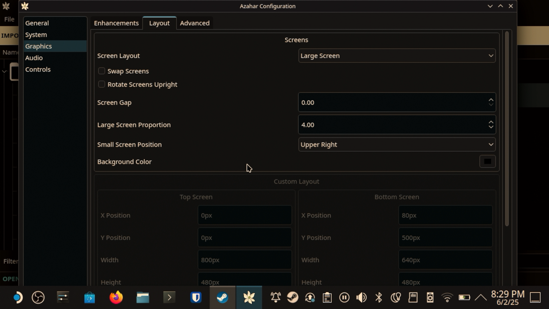 Azahar configuration Graphics -> Layout tab