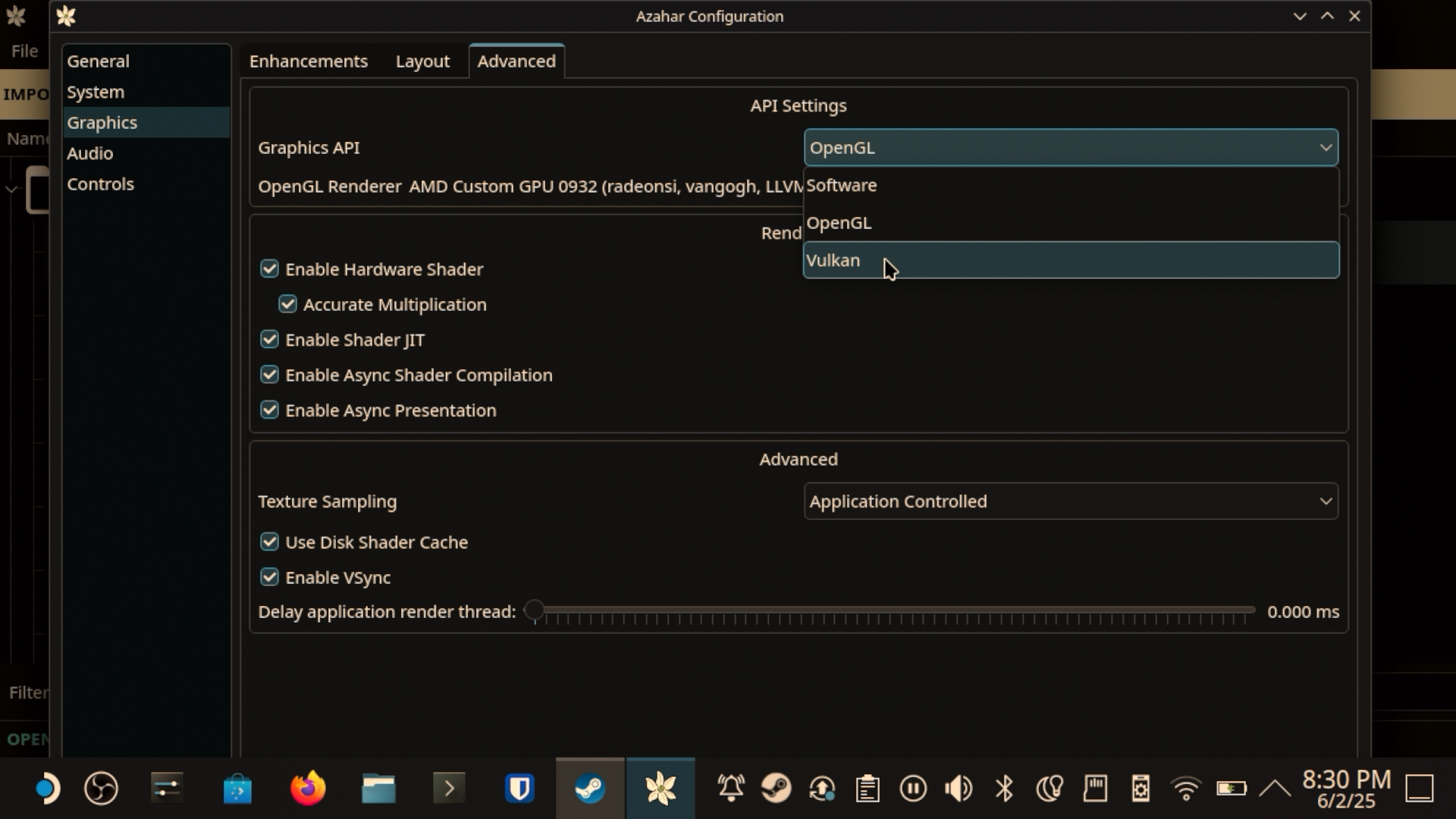 Azahar Graphics -> Advanced tab configuring Vulkan, async shader compilation