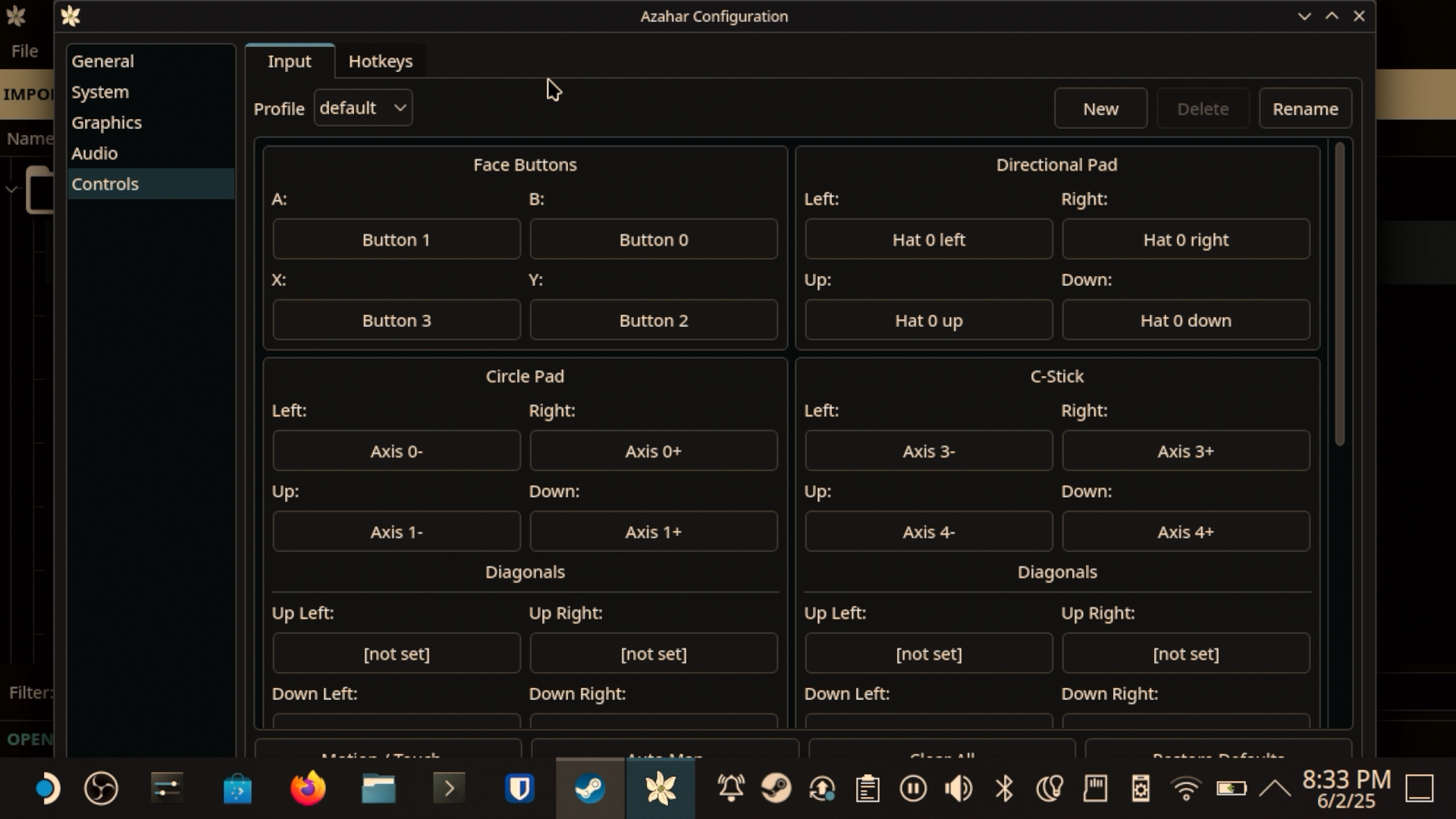 Azahar Emulator configuration Controls tab configured for Steam Deck controller