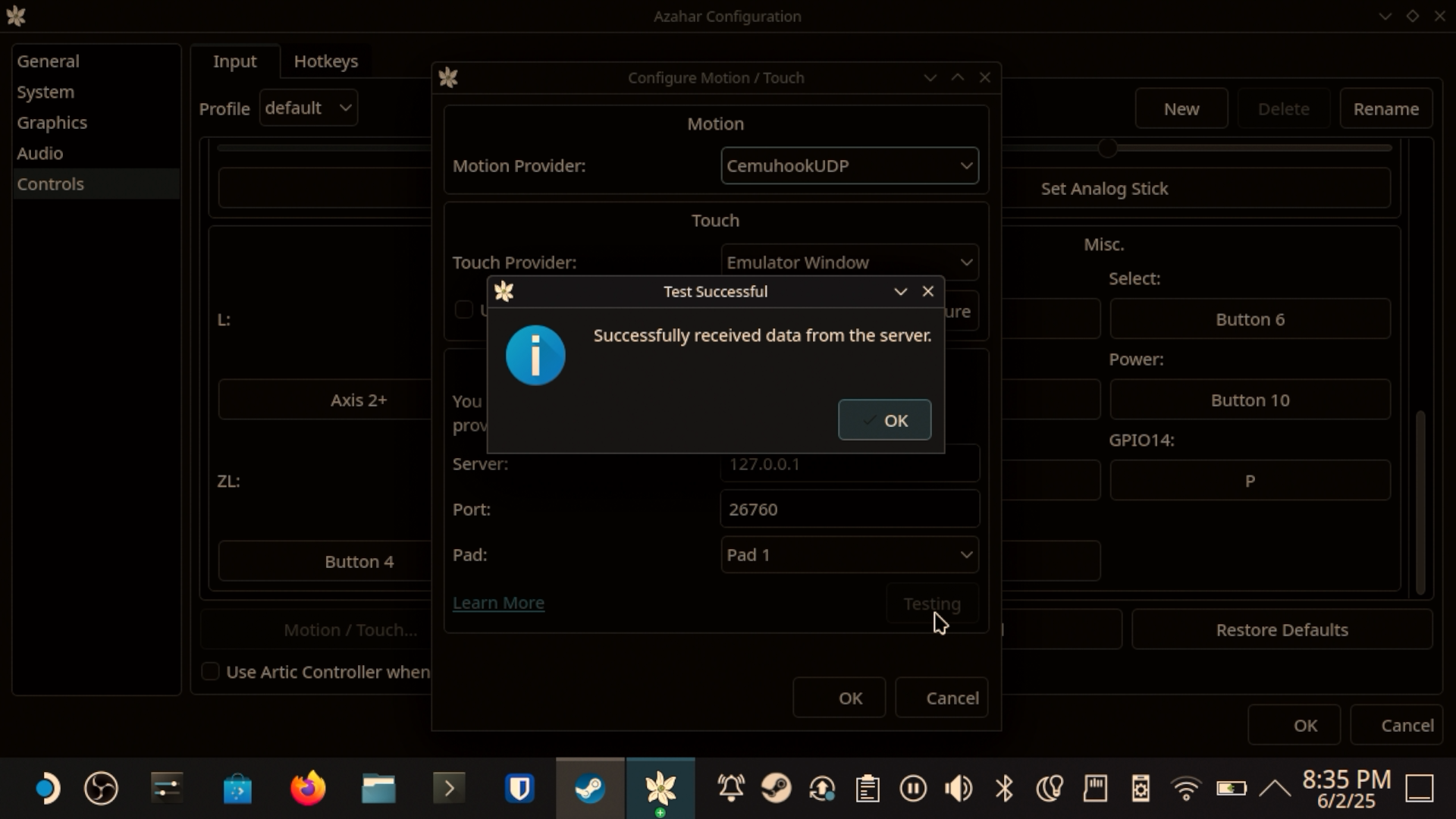 Successfully configured CemuhookUDP for Azahar Emulator