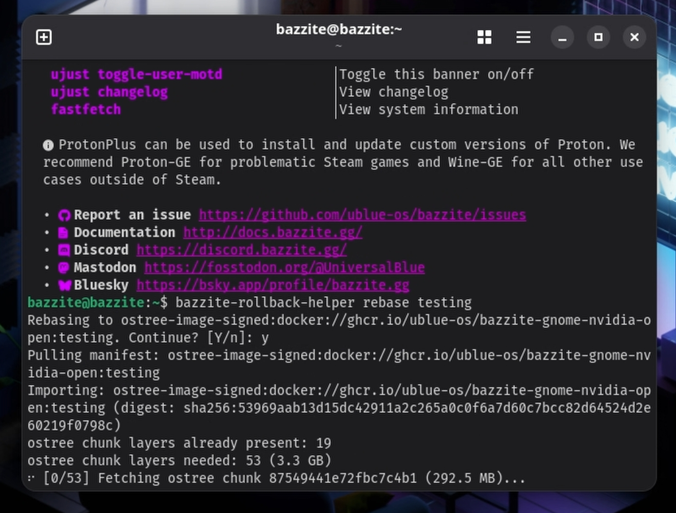 bazzite-rollback-helper rebase testing command in GNOME Terminal