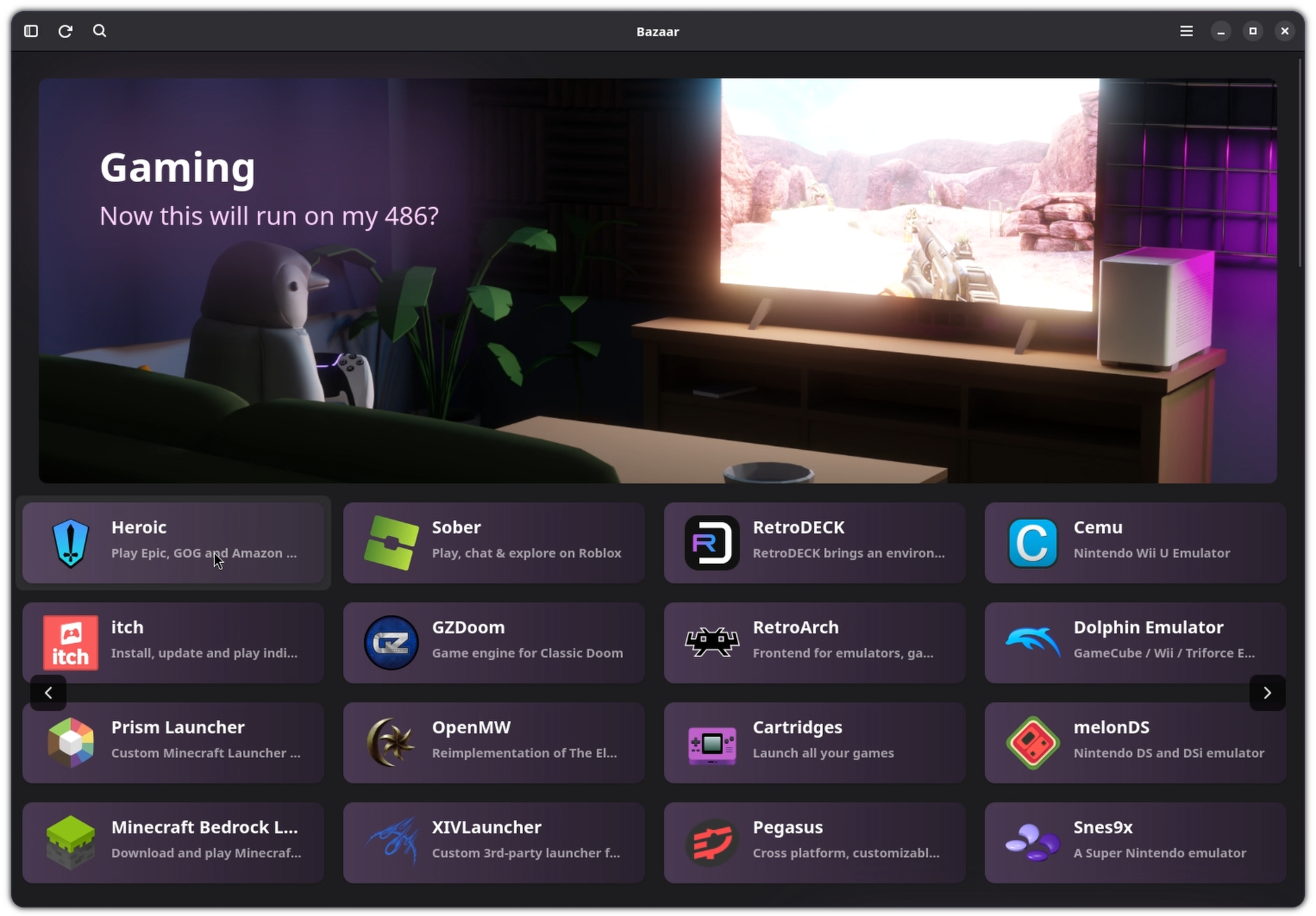 Bazzite's Bazaar homepage showing the "Gaming" section