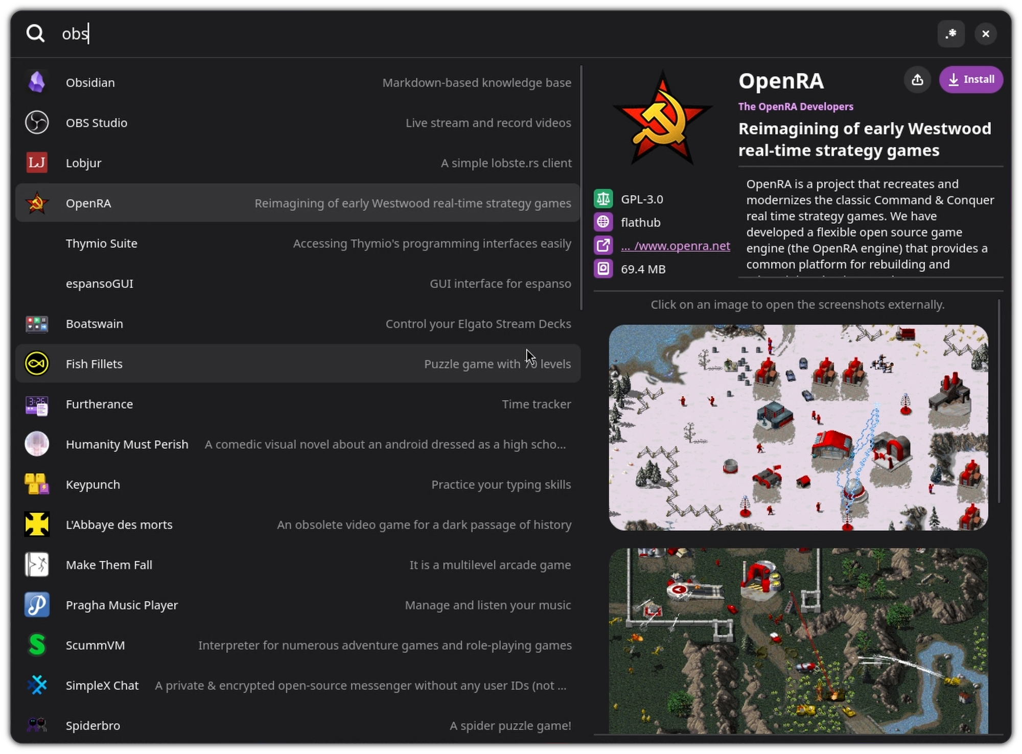 Search results in Bazaar, OpenRA's metadata showing