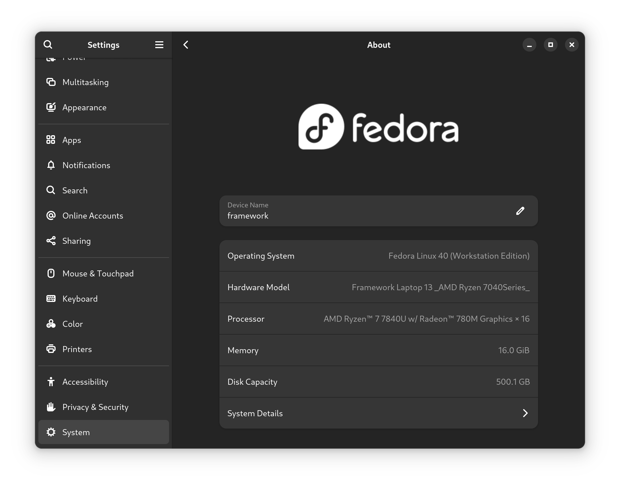 A screenshot of the System -> About screen in GNOME