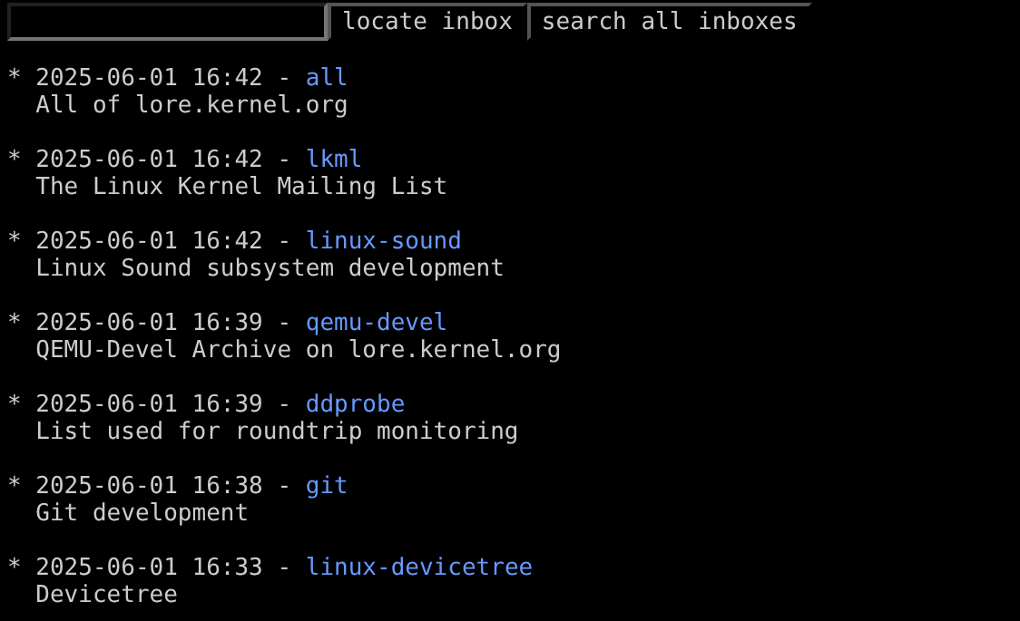 A screenshot of kernel.org's list of mailinglists