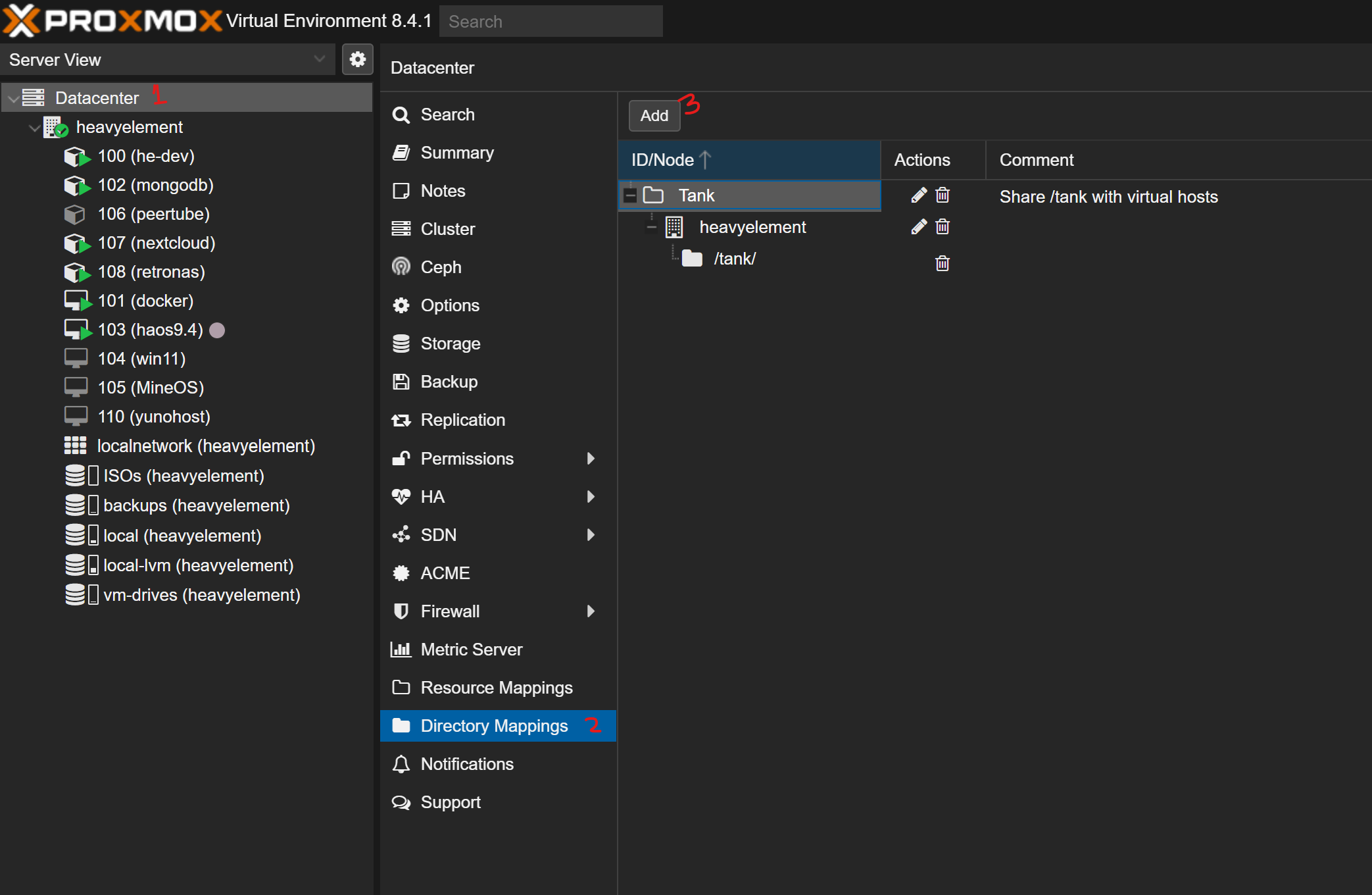 Proxmox 8.4.1 Directory Mapping dashboard