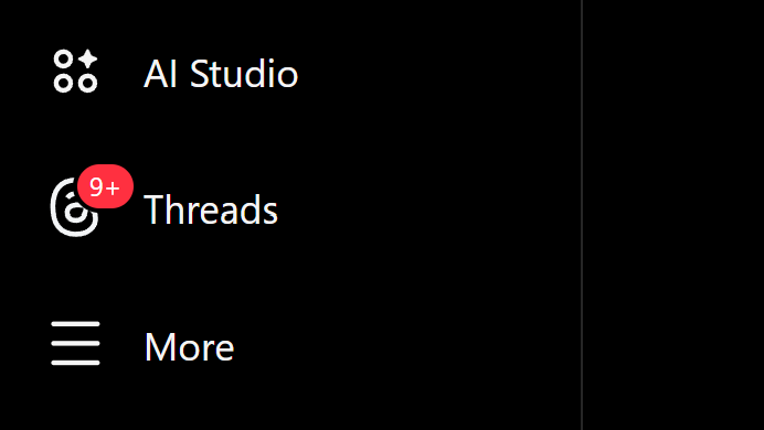Screenshot of Instagram's web client displaying a "9+" notification bug for the entirely separate service Threads