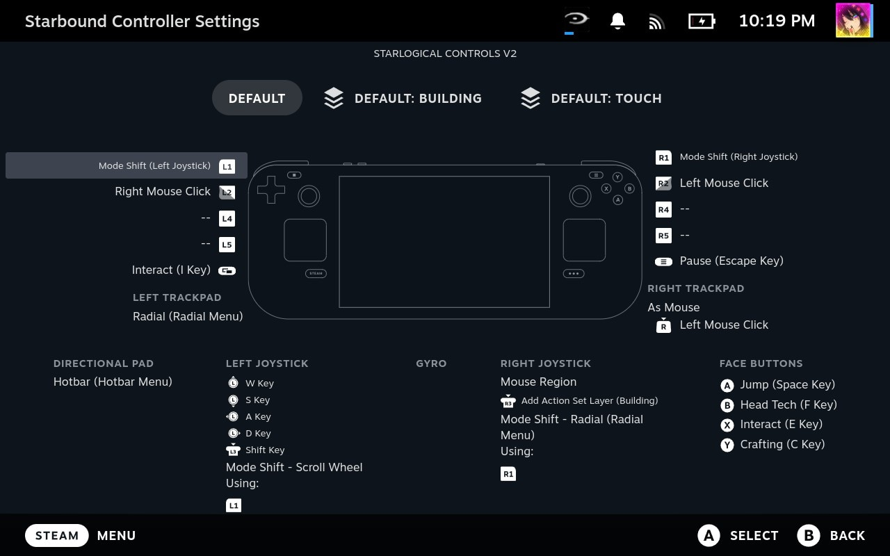 Starbound controller configuration in Steam Input