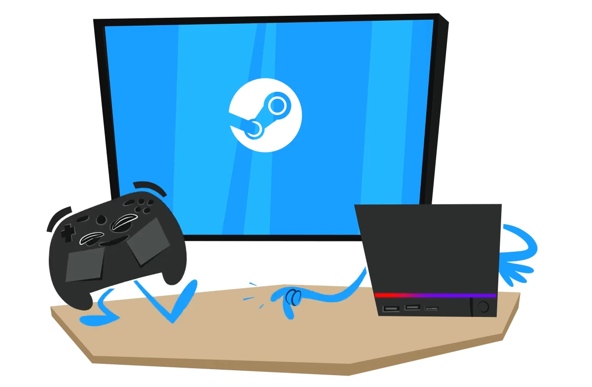 Stylistic cartoonish render of the new Steam Controller paired with the Steam Machine