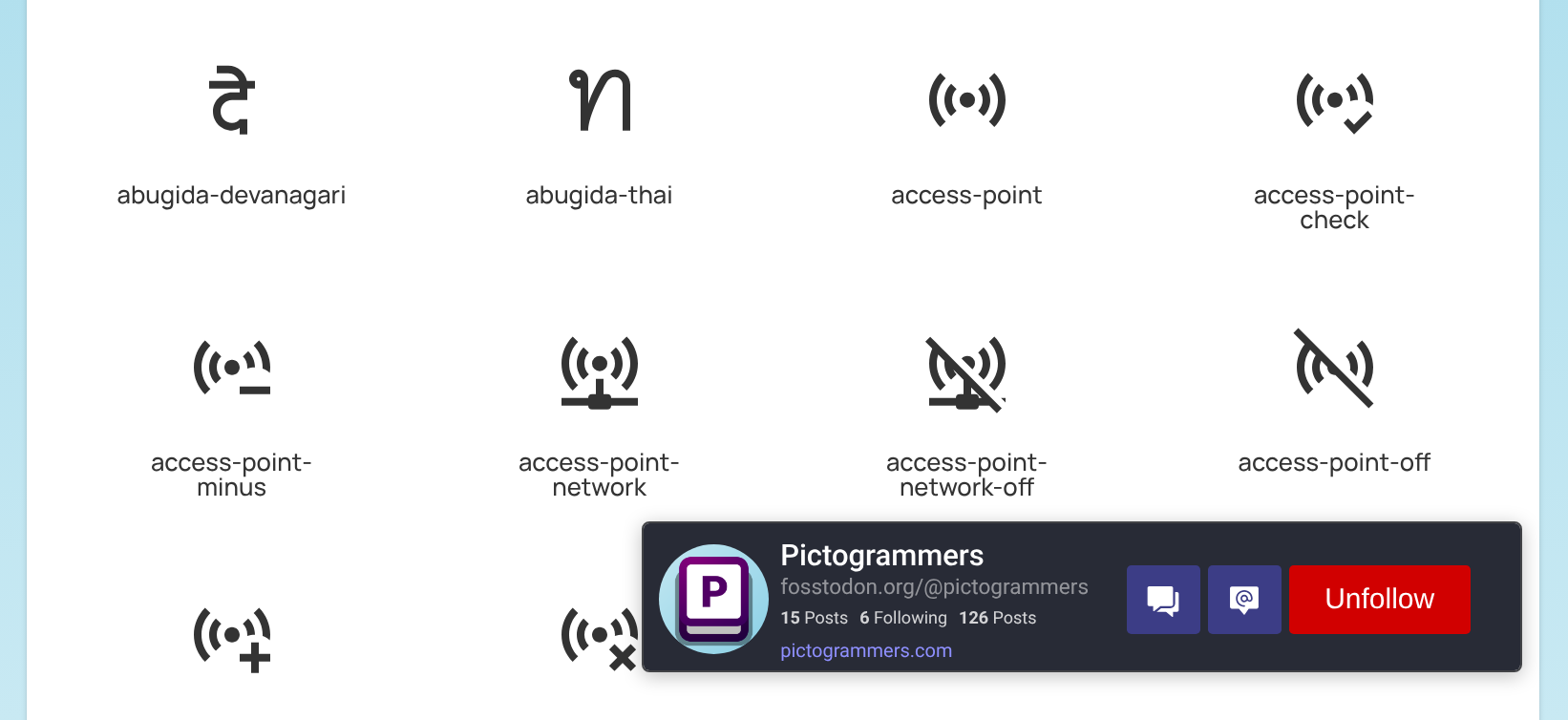 Graze for Mastodon popover featuring the Pictogrammer's Mastodon account.