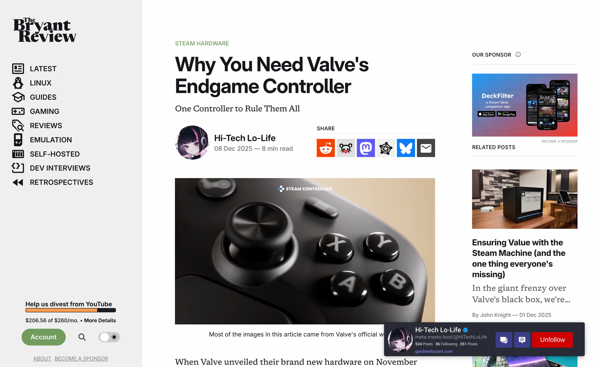 The author's Mastodon popover on The Bryant Review provided by the Graze for Mastodon extension