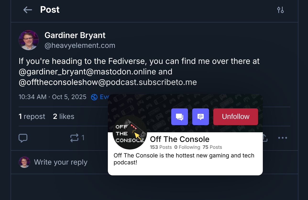 A screenshot of my Bluesky account where I shouted out my Mastodon account as well as my podcast's account provided by the Graze for Mastodon extension