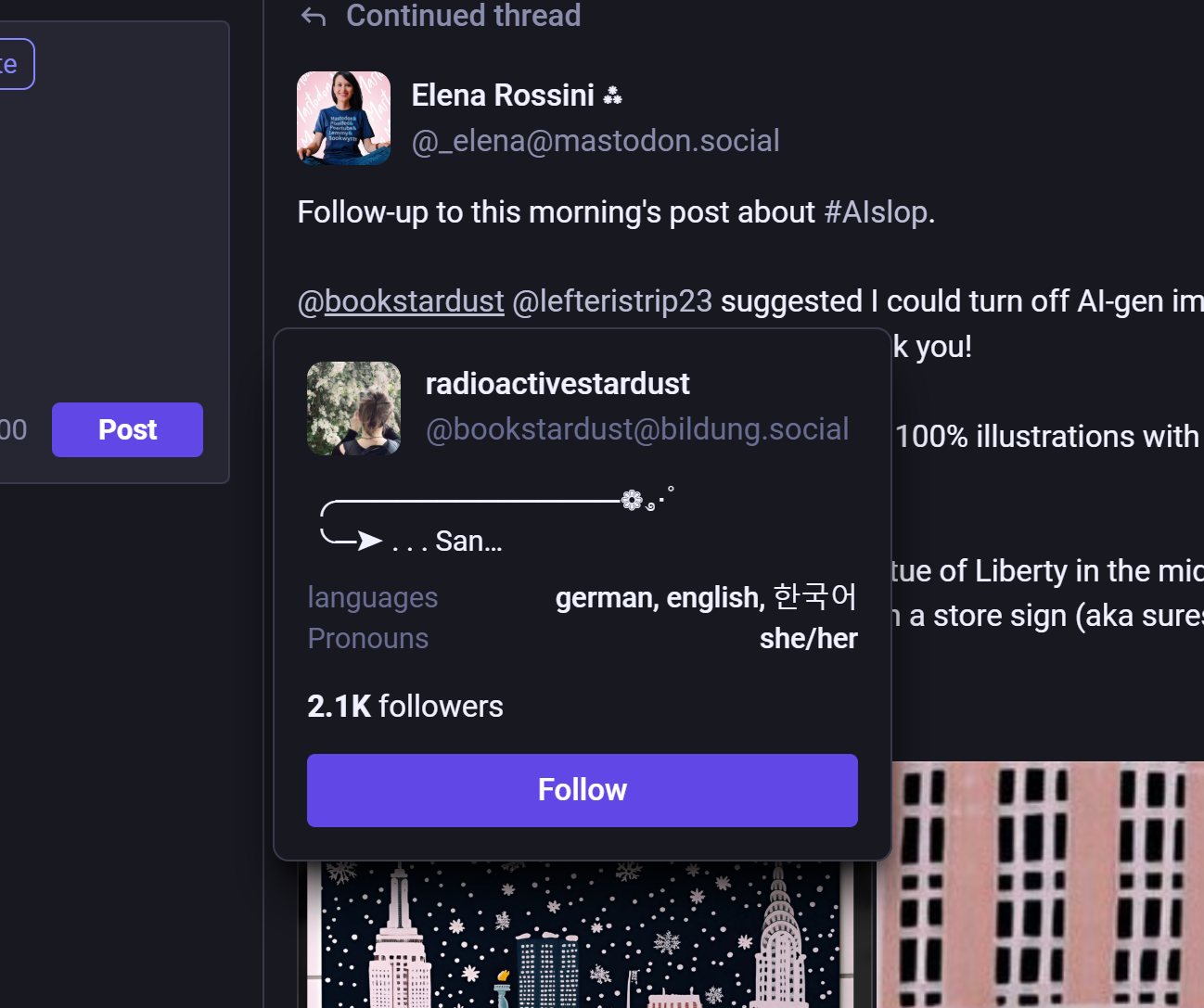 radioactivestarfust's user hover card on Mastodon provided by the Graze for Mastodon extension