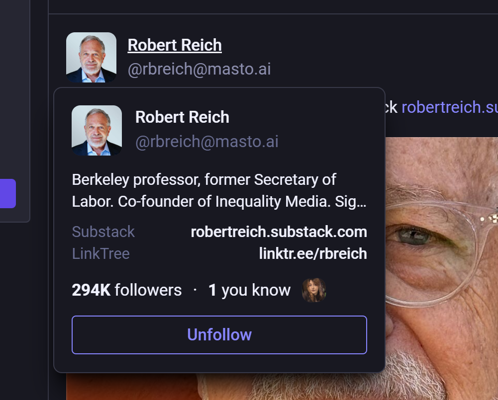 Berkeley profession Robert Reich's hover card on Mastodon provided by the Graze for Mastodon extension