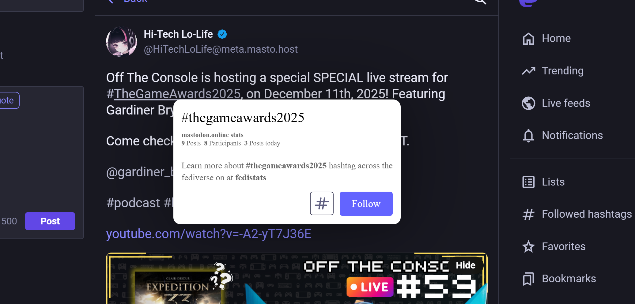#thegameawards2025 hashtag hover card on Hi-Tech Lo-Life's Mastodon provided by the Graze for Mastodon extension