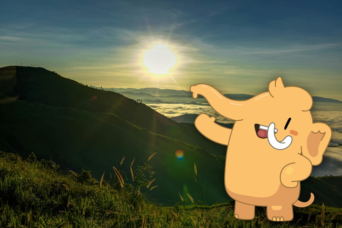 Mastodon's mascot on a sunny mountainside