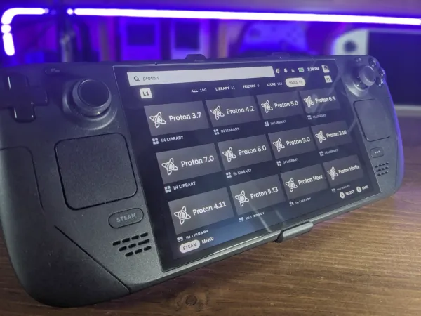 A Steam Deck OLED displaying every version of Proton available through Steam